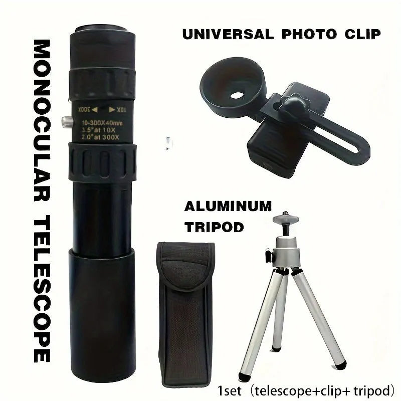 10-300x40mm Continuous Infinite Zoom Monocular, HD Portable Pocket Telescope, With Mobile Phone Connecting Stand & Tripod, Metal Pull-up Monocular