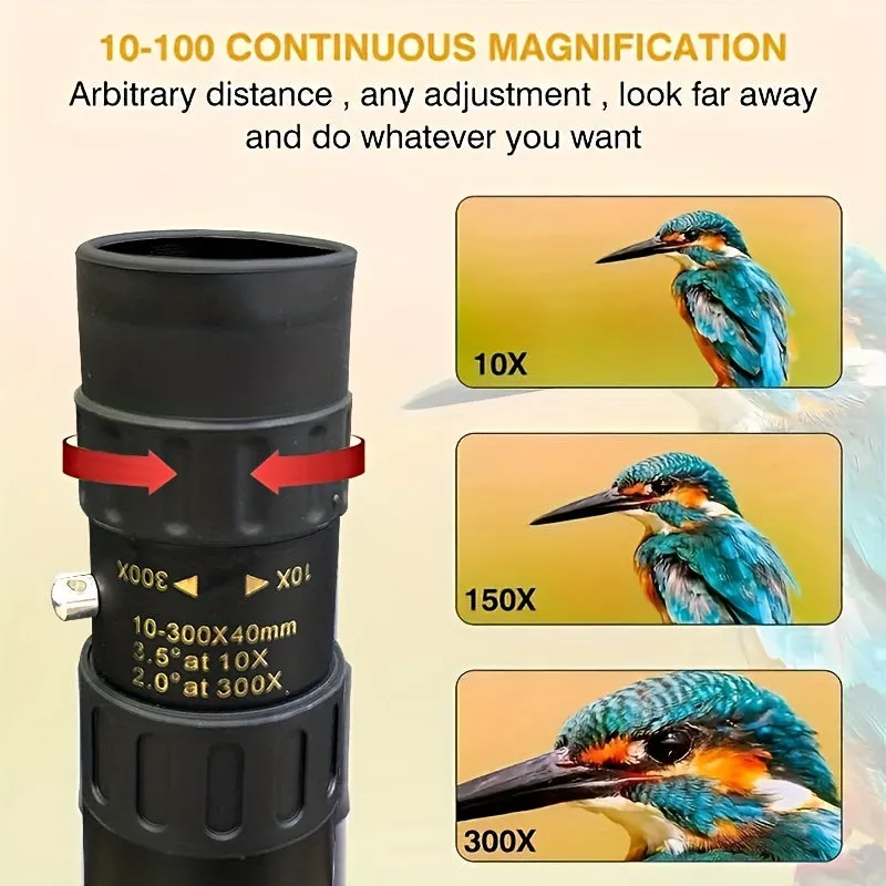 10-300x40mm Continuous Infinite Zoom Monocular, HD Portable Pocket Telescope, With Mobile Phone Connecting Stand & Tripod, Metal Pull-up Monocular