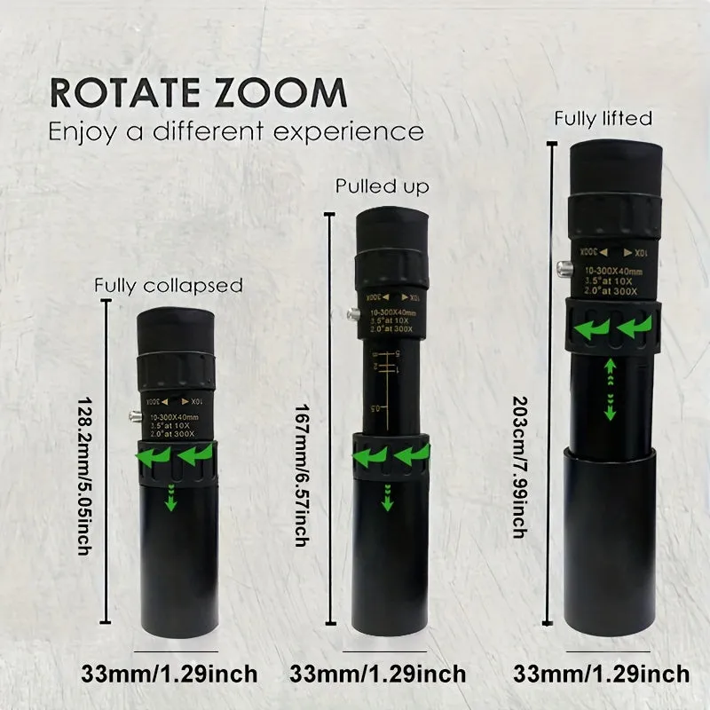 10-300x40mm Continuous Infinite Zoom Monocular, HD Portable Pocket Telescope, With Mobile Phone Connecting Stand & Tripod, Metal Pull-up Monocular