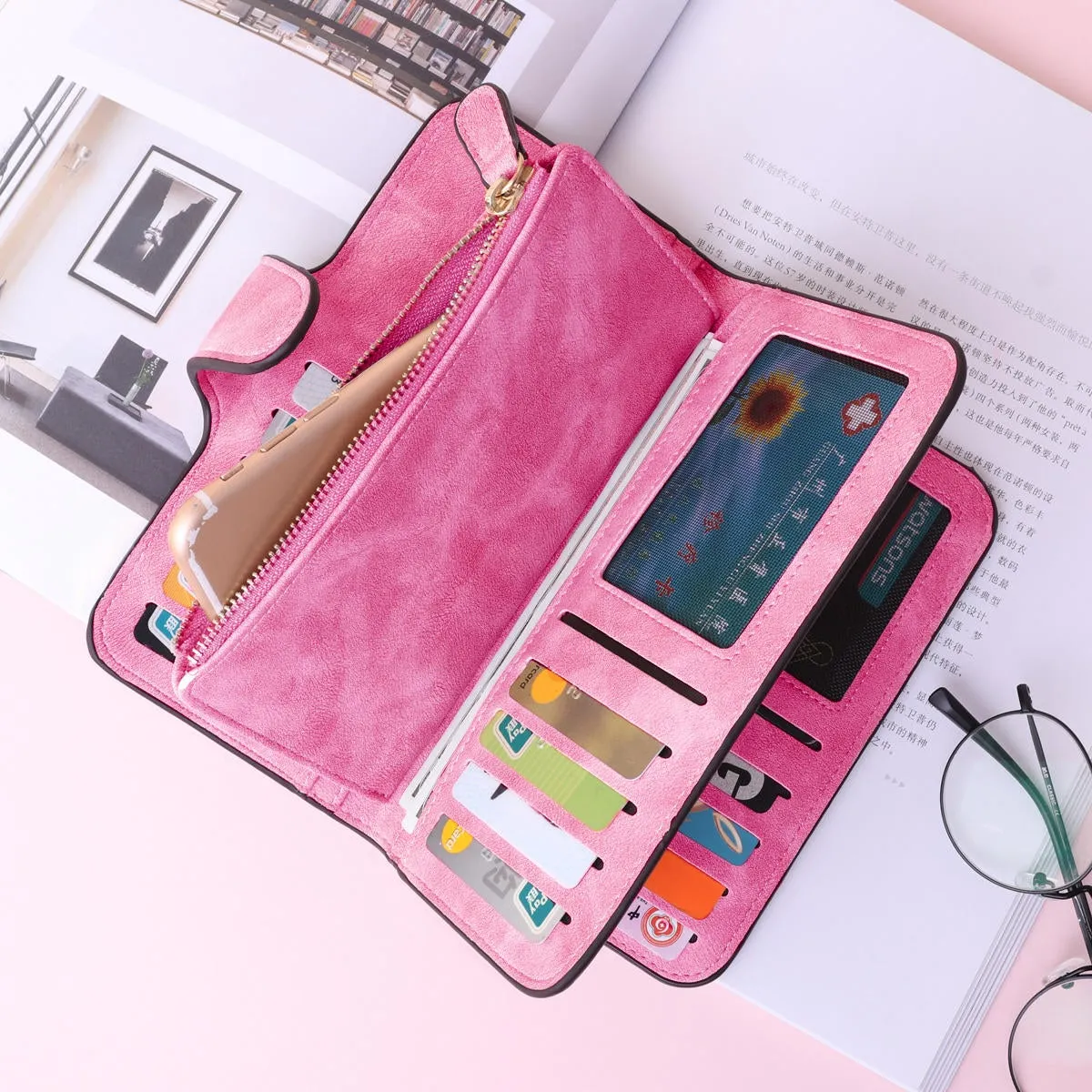 14 Card Slots Woman Four Fold Wallet Purse Faux Leather Card Multi Card Slots Phone Bag