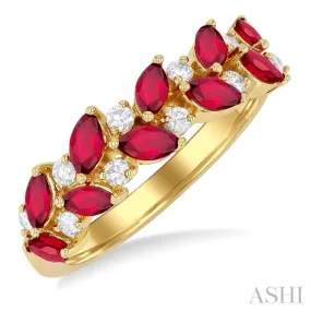 1/5 ctw Leafy 4X2MM Marquise Cut Ruby and Round Cut Diamond Precious Band in 14K Yellow Gold