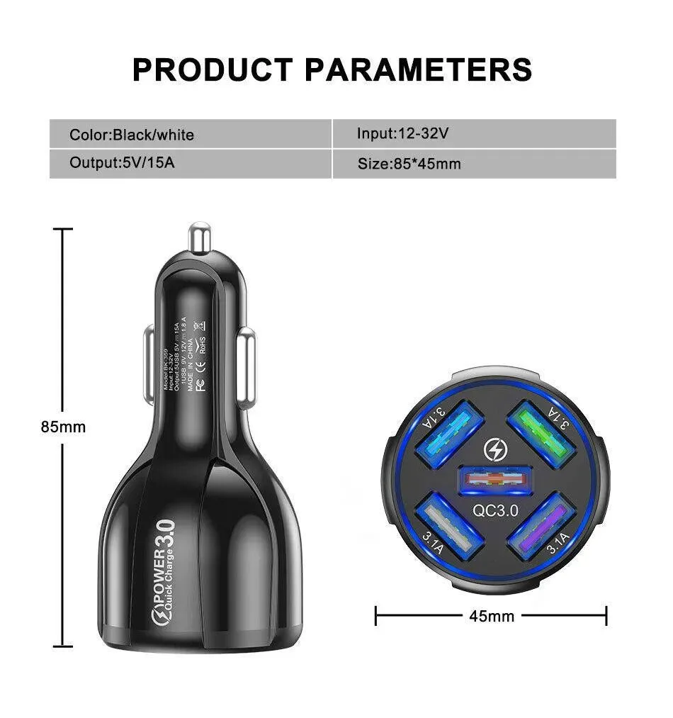 2 Pack PBG 5 Port USB Fast Car Charger with LED Display Charge 5 Devices at once