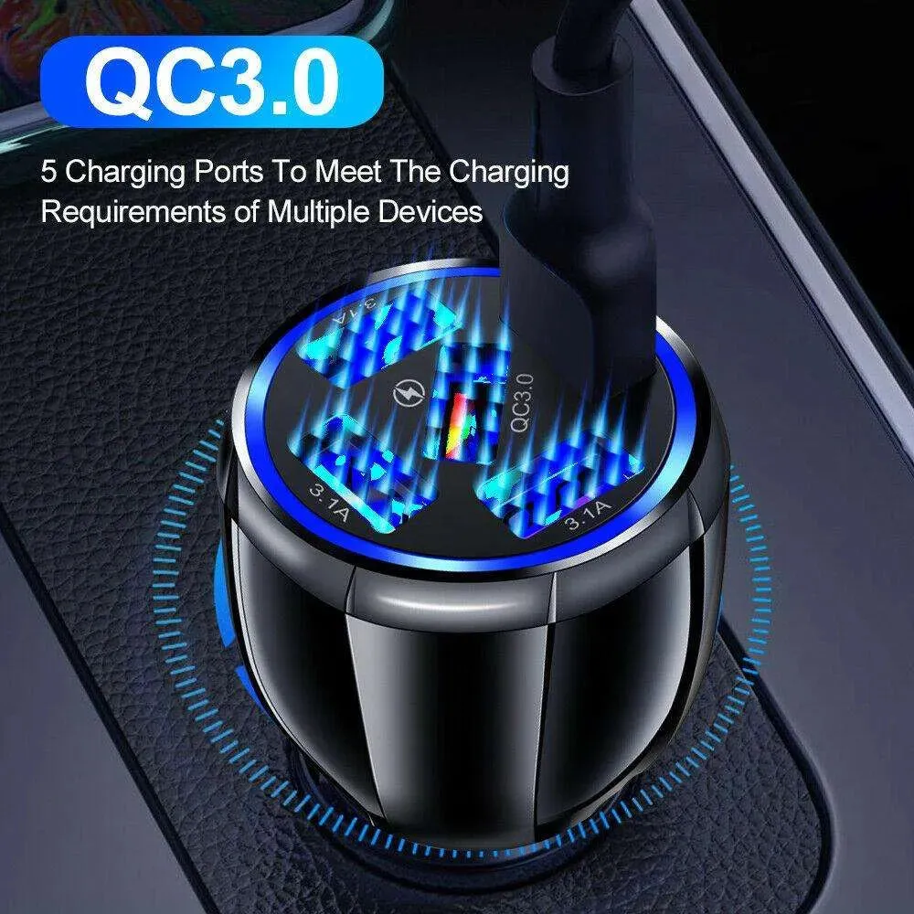 2 Pack PBG 5 Port USB Fast Car Charger with LED Display Charge 5 Devices at once