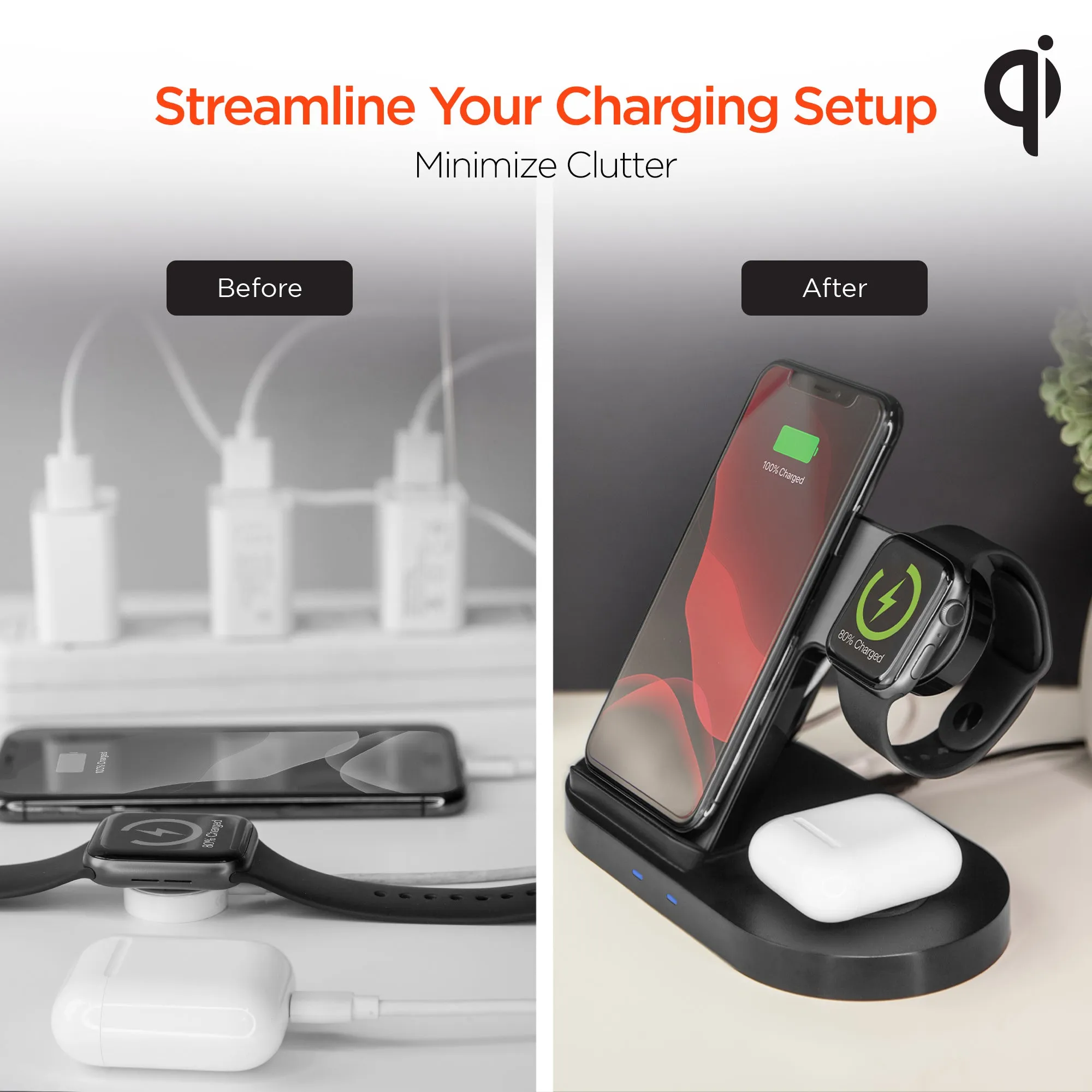 3-in-1 Wireless Charging Dock with 10W Wireless Fast Charge | Black