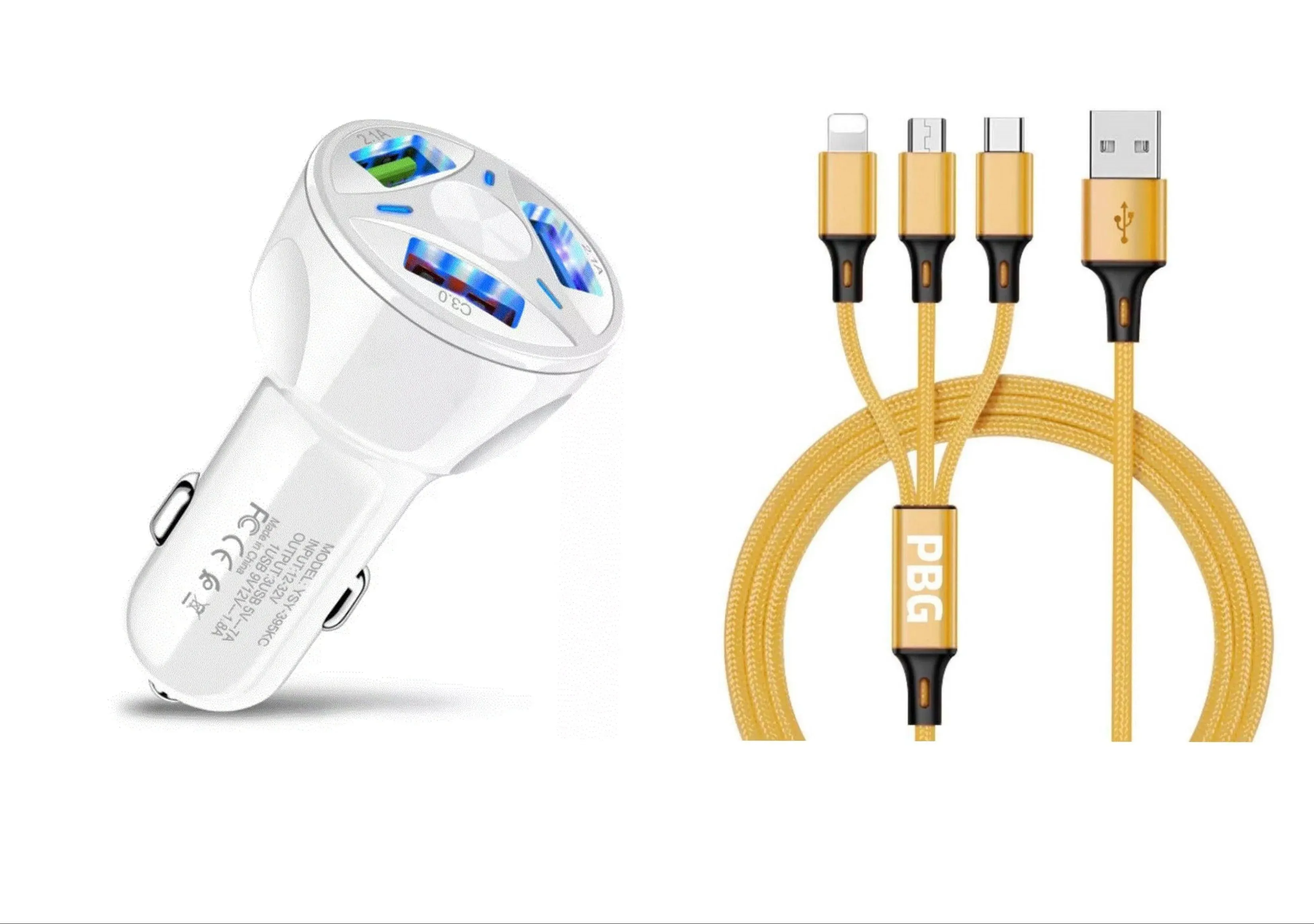 3 Port Fast LED White Car Charger   3 in 1 Cable Combo Gold