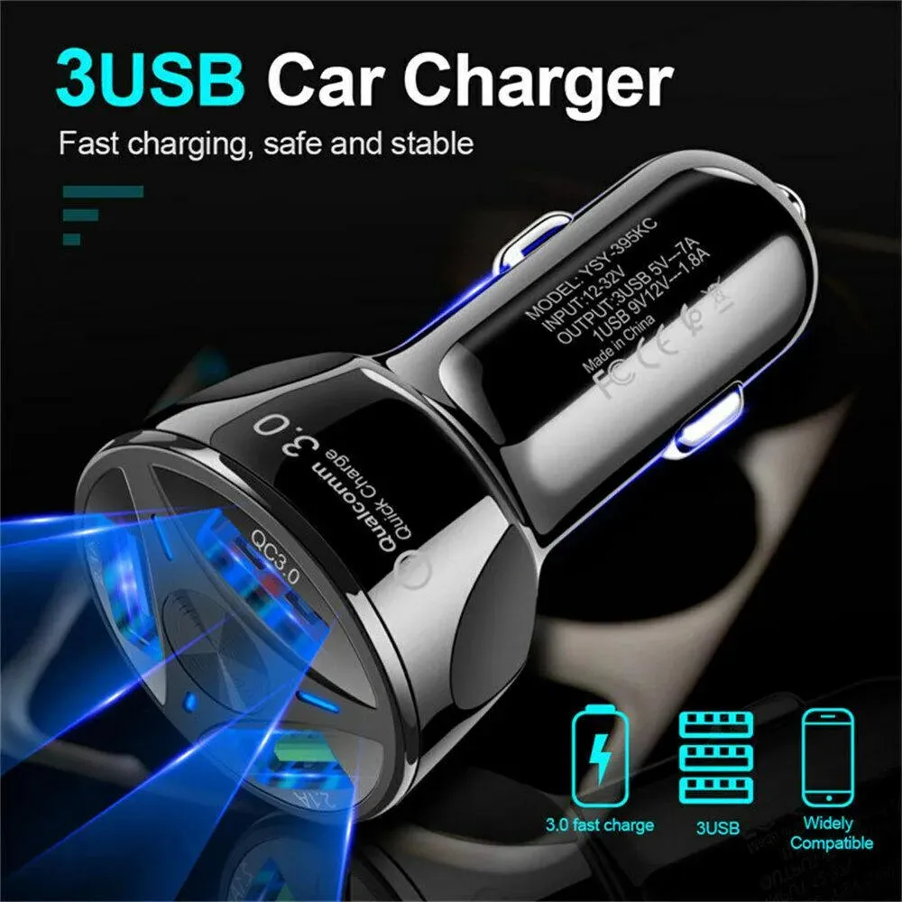 3 Port Fast LED White Car Charger   3 in 1 Cable Combo Gold