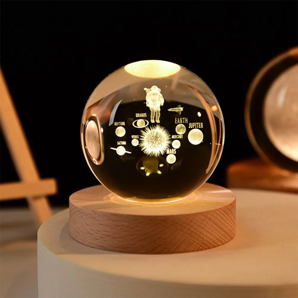 3D Galaxy Crystal Ball LED Night Light With Wooden Base