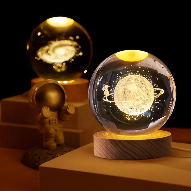 3D Galaxy Crystal Ball LED Night Light With Wooden Base