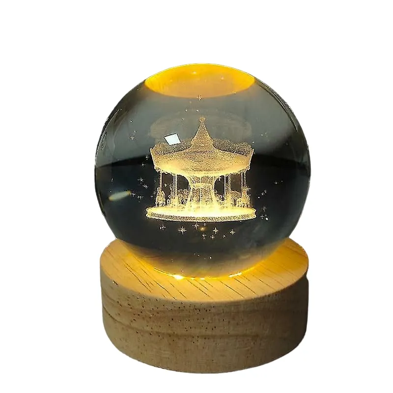 3D Galaxy Crystal Ball LED Night Light With Wooden Base