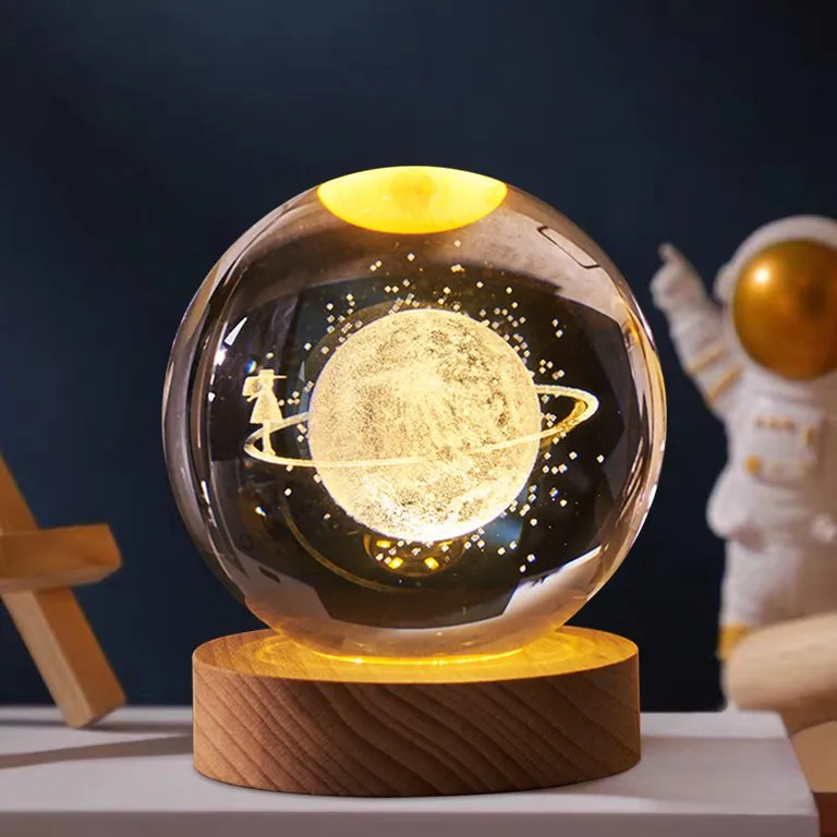 3D Galaxy Crystal Ball LED Night Light With Wooden Base