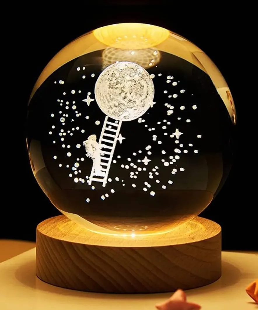 3D Galaxy Crystal Ball LED Night Light With Wooden Base