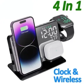 4 in 1 Wireless Fast Charging Dock Station Desktop LED Digital Alarm Clock