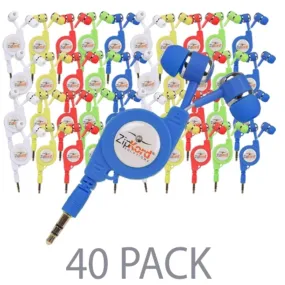 (40-Pack) ZipKord 805FBMC Retractable In-Ear Stereo Headset w/3.5mm Plug (Assorted Colors)