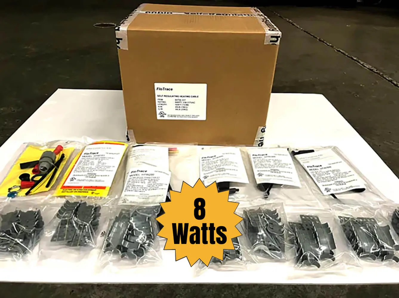 500 ft. Self Regulating Cable Package - 8 watts 208-277 volts, 2 Hard-wired Connection Kits, 1 Splice T Kit, 100 Roof Clips & 3 End Seal Kits