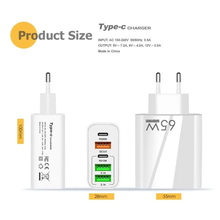 65W 5-Port USB Multi Charger with Dual PD Type-C and Micro USB Data Cable, EU Plug