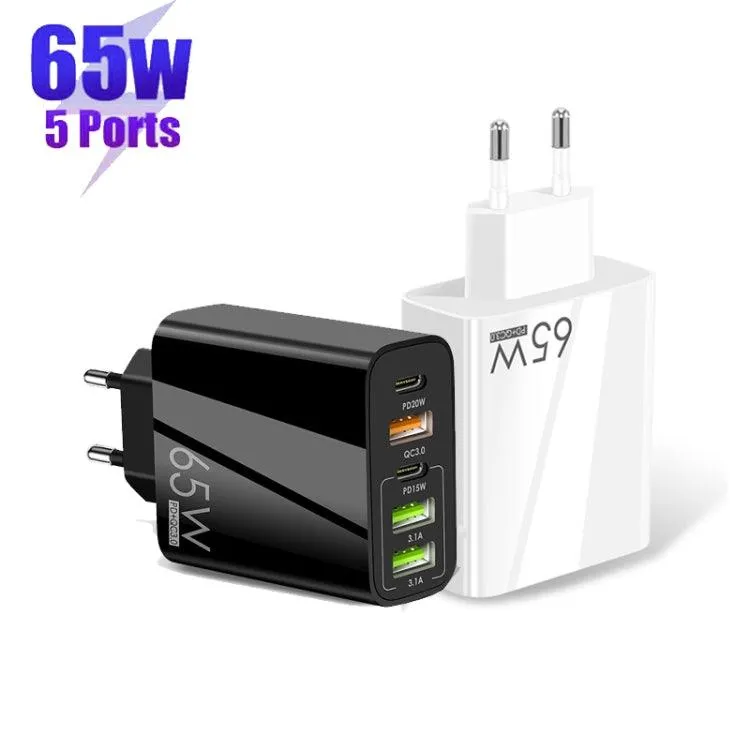 65W 5-Port USB Multi Charger with Dual PD Type-C and Micro USB Data Cable, EU Plug