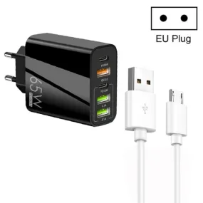 65W 5-Port USB Multi Charger with Dual PD Type-C and Micro USB Data Cable, EU Plug