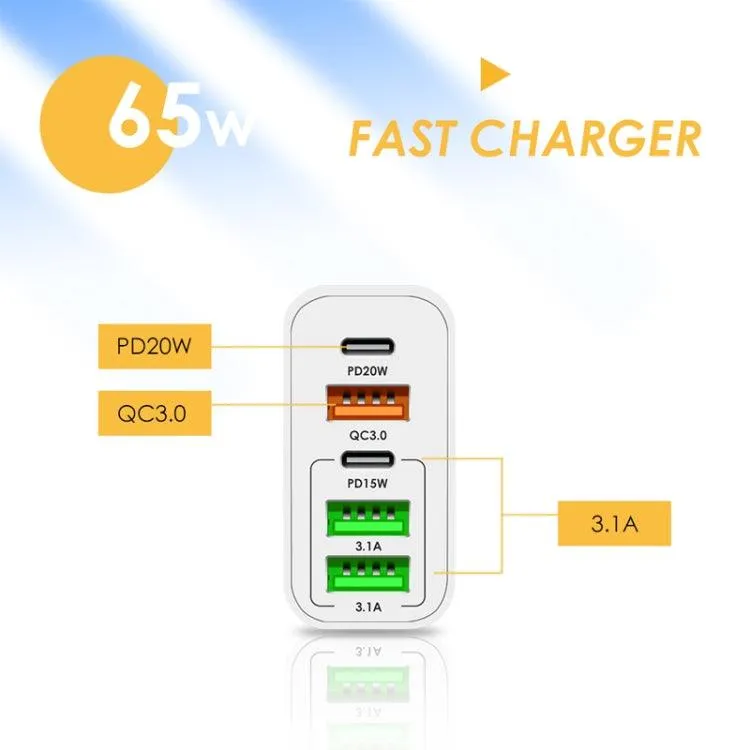 65W 5-Port USB Multi Charger with Dual PD Type-C and Micro USB Data Cable, EU Plug