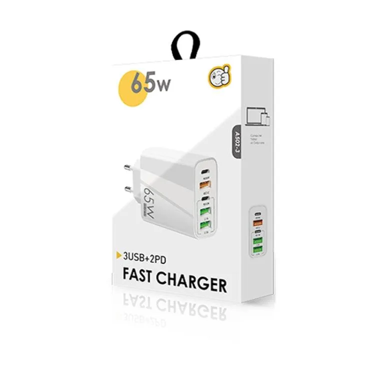 65W 5-Port USB Multi Charger with Dual PD Type-C and Micro USB Data Cable, EU Plug