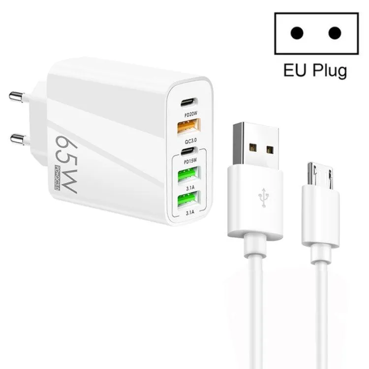 65W 5-Port USB Multi Charger with Dual PD Type-C and Micro USB Data Cable, EU Plug