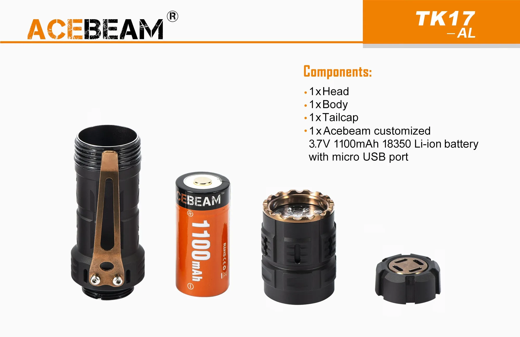 Acebeam TK17-AL Compact Flashlight / 1 x 18340 Micro USB Rechargeable Battery (Included)