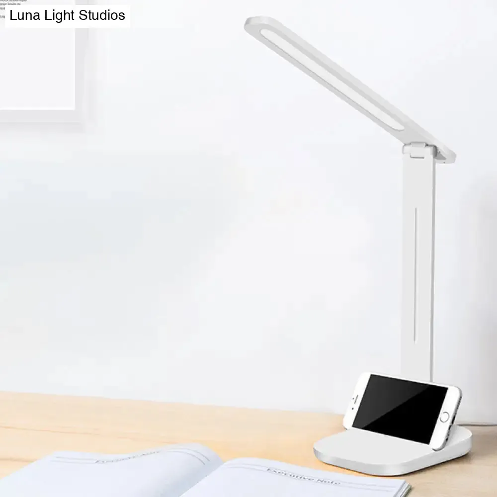 Adjustable White Oblong Shade Desk Lamp with Phone Holder - Modern Plastic Desk Light