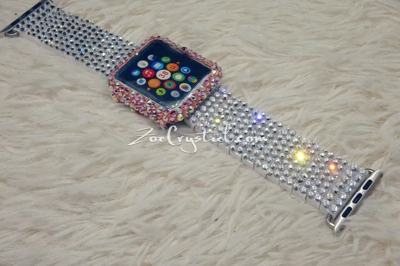 Apple Watch Bling Bedazzled Pink Mixed Ab Crystal Case Protector Cover with a Silver White Swarovski Glitter Strass Band Strap