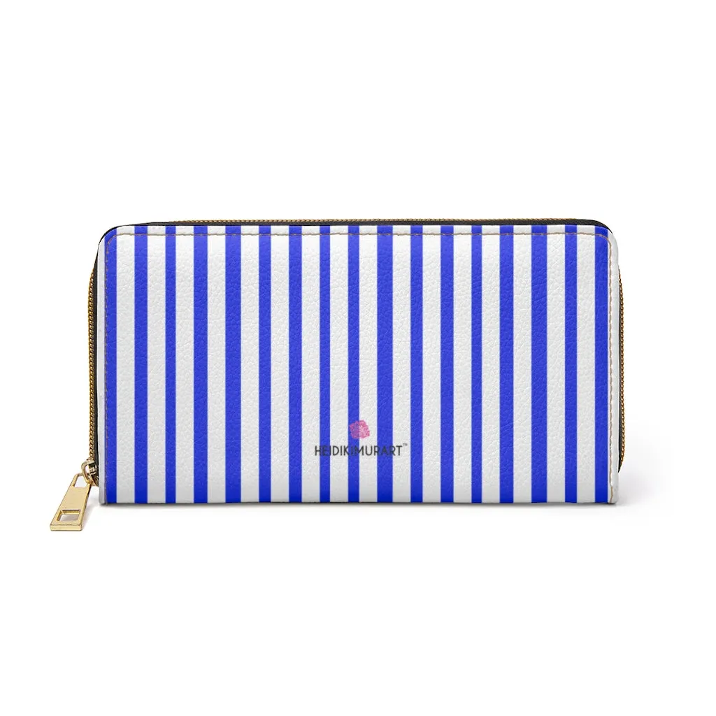 Blue Striped Women's Zipper Wallet, Vertical Stripes Long Compact Designer Premium Quality Women's Wallet