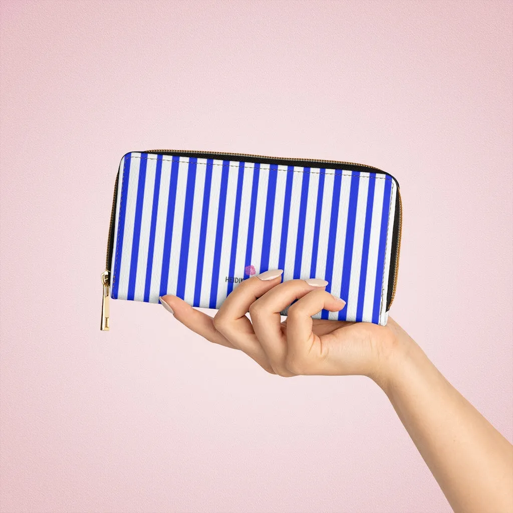 Blue Striped Women's Zipper Wallet, Vertical Stripes Long Compact Designer Premium Quality Women's Wallet