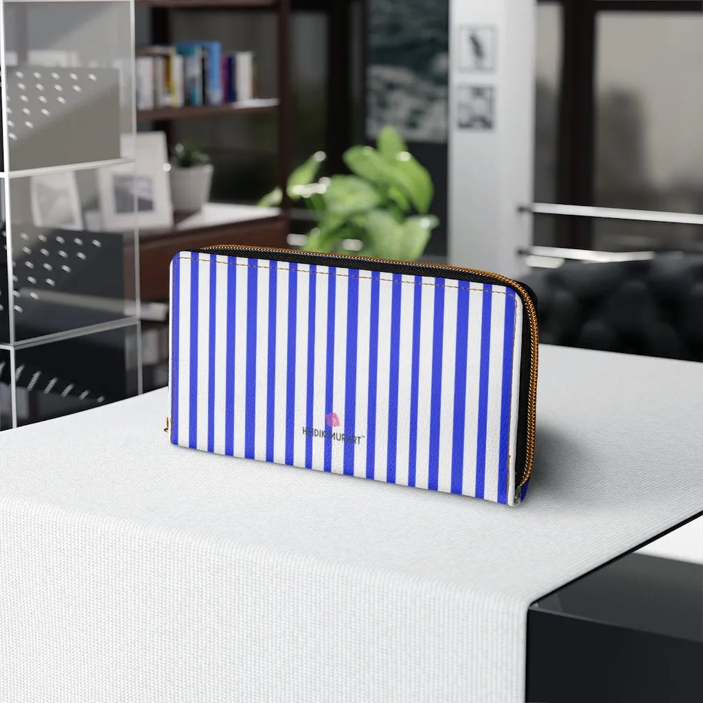 Blue Striped Women's Zipper Wallet, Vertical Stripes Long Compact Designer Premium Quality Women's Wallet