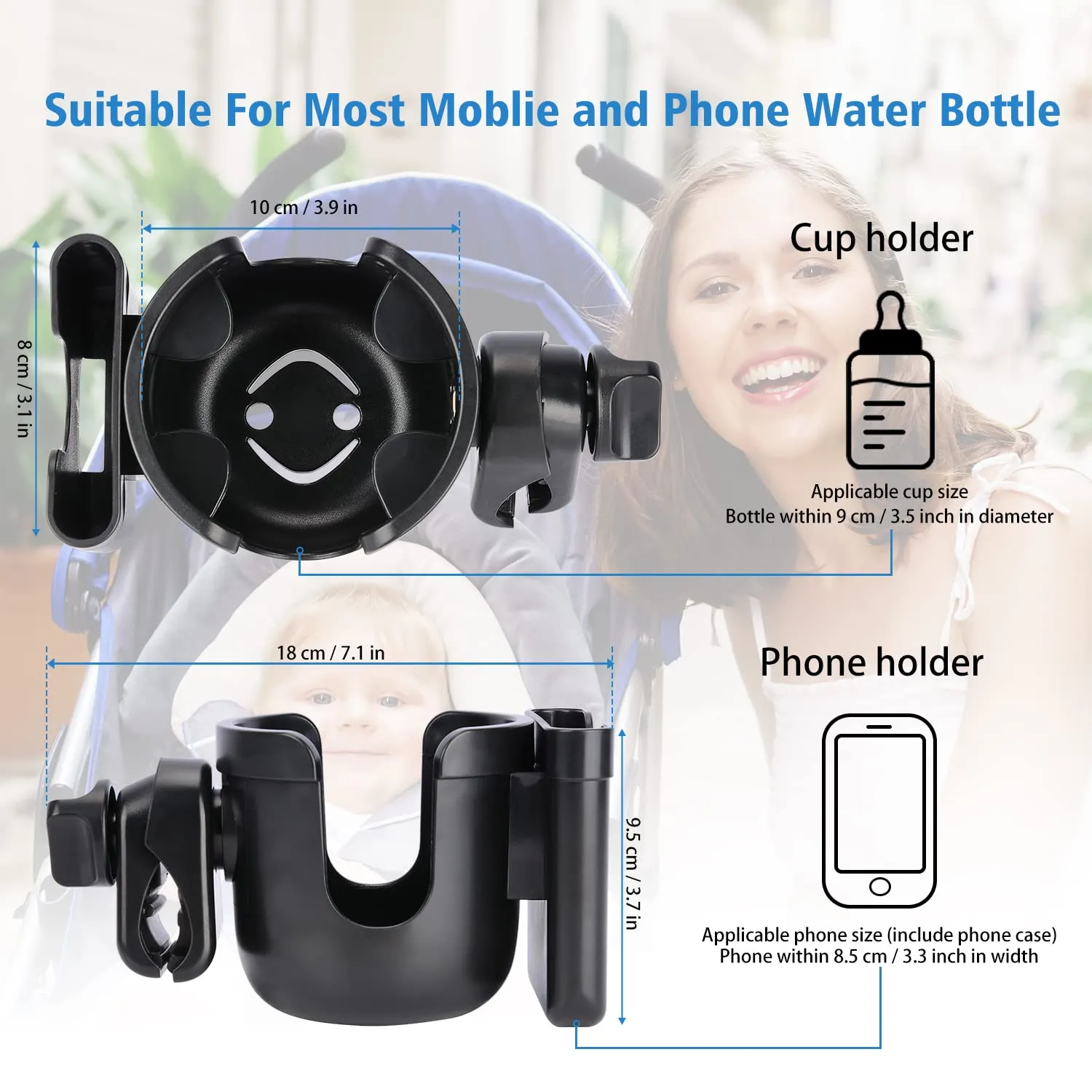 Bottle and Phone Holder Accessory for Stroller Walker Bike