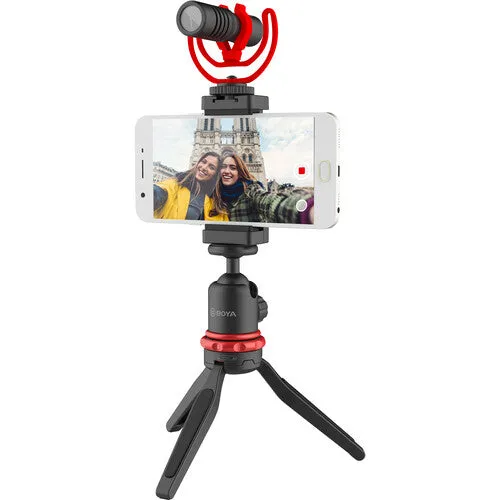 Boya BY-VG330 Vlogger Kit Video Rig with Microphone, Mini Tripod Extension Tube Ball Head and Phone Holder Clamp