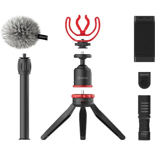 Boya BY-VG330 Vlogger Kit Video Rig with Microphone, Mini Tripod Extension Tube Ball Head and Phone Holder Clamp