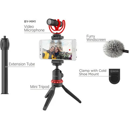 Boya BY-VG330 Vlogger Kit Video Rig with Microphone, Mini Tripod Extension Tube Ball Head and Phone Holder Clamp