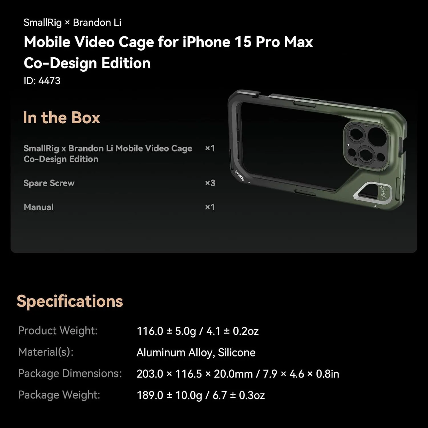 Brandon Li Mobile Video Cage for iPhone 15 Pro Max Co-design Edition, Aluminum Alloy Smartphone Video Cage Case for Videography/Video Recording/YouTube/Live Streaming/Vlog - 4473