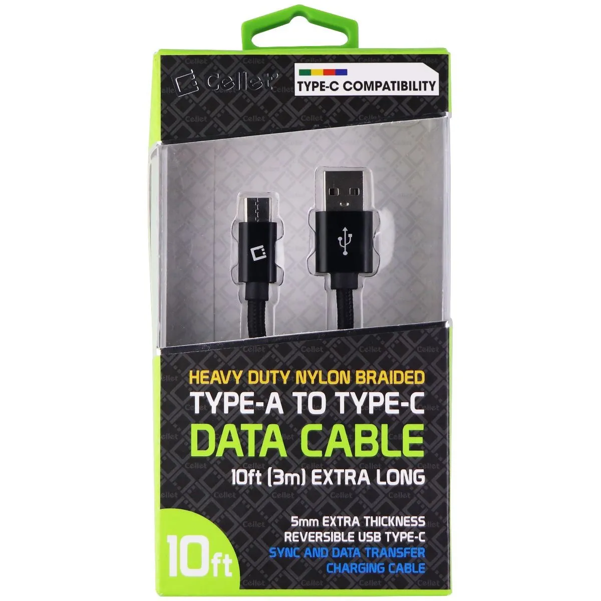 Cellet Heavy Duty Nylon Braided 10ft USB-A to USB-C Data Cable - Black