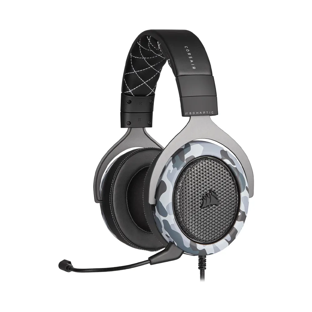 CORSAIR HS60 Haptic Wired USB Gaming Headphone with Taction Tactile Bass Technology, Detachable Unidirectional Microphone and On-Ear Controls for PC Laptop and Gaming Consoles (Carbon, Arctic Camo)