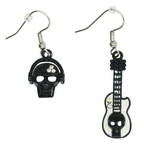 Diamante Stone Skull with Headphones & Diamante Stone Guitar with Skull Earrings