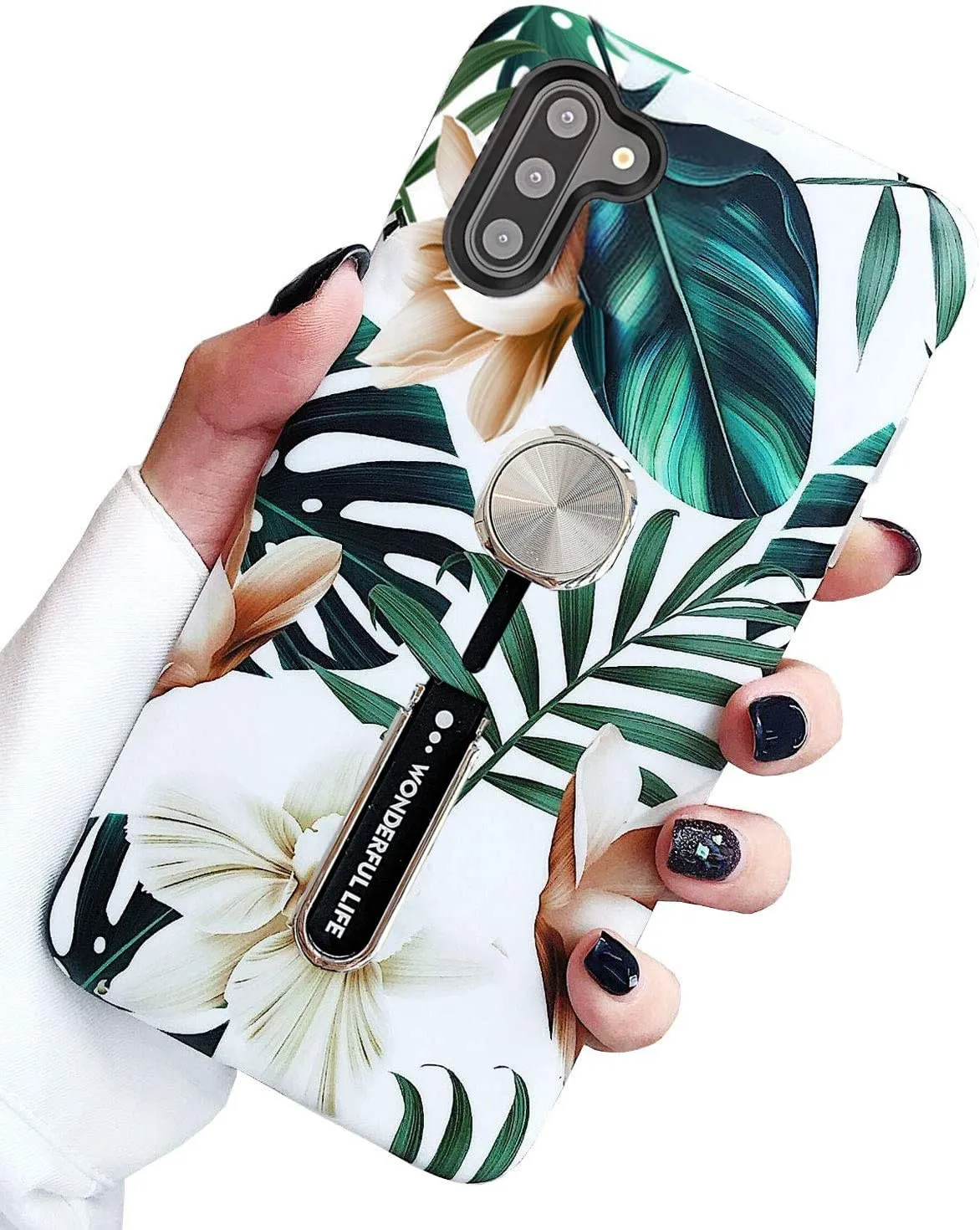 Galaxy Note 10 Plus Case Print Green Leaves Finger Ring Strap Cover