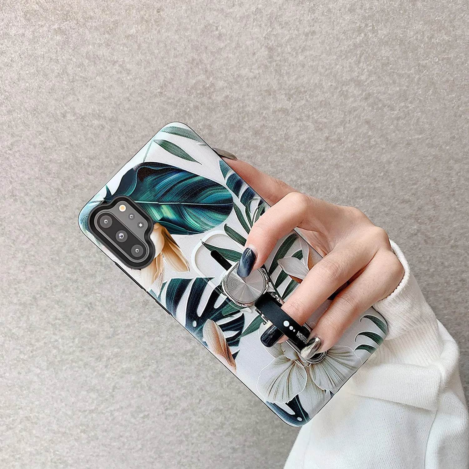 Galaxy Note 10 Plus Case Print Green Leaves Finger Ring Strap Cover