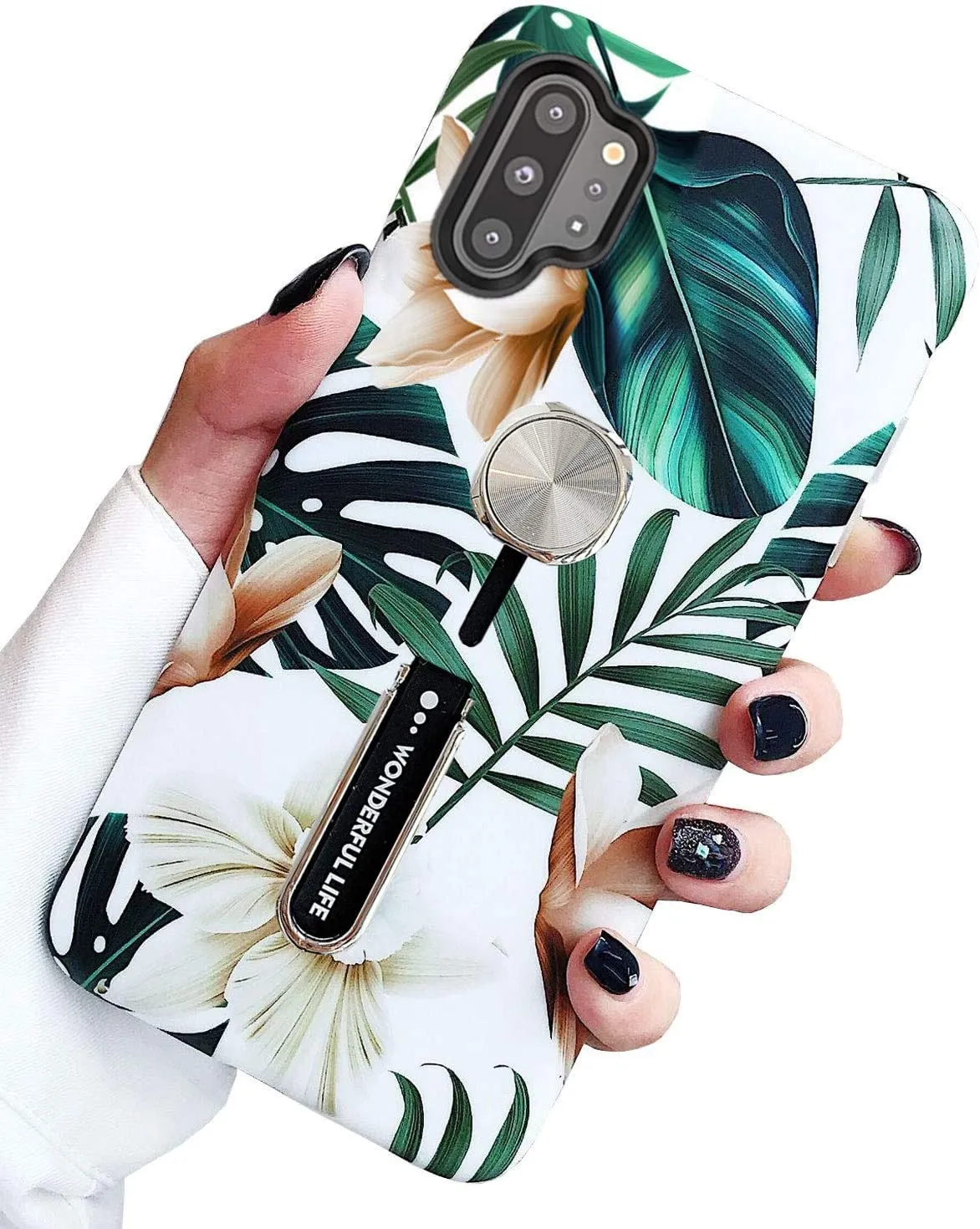 Galaxy Note 10 Plus Case Print Green Leaves Finger Ring Strap Cover