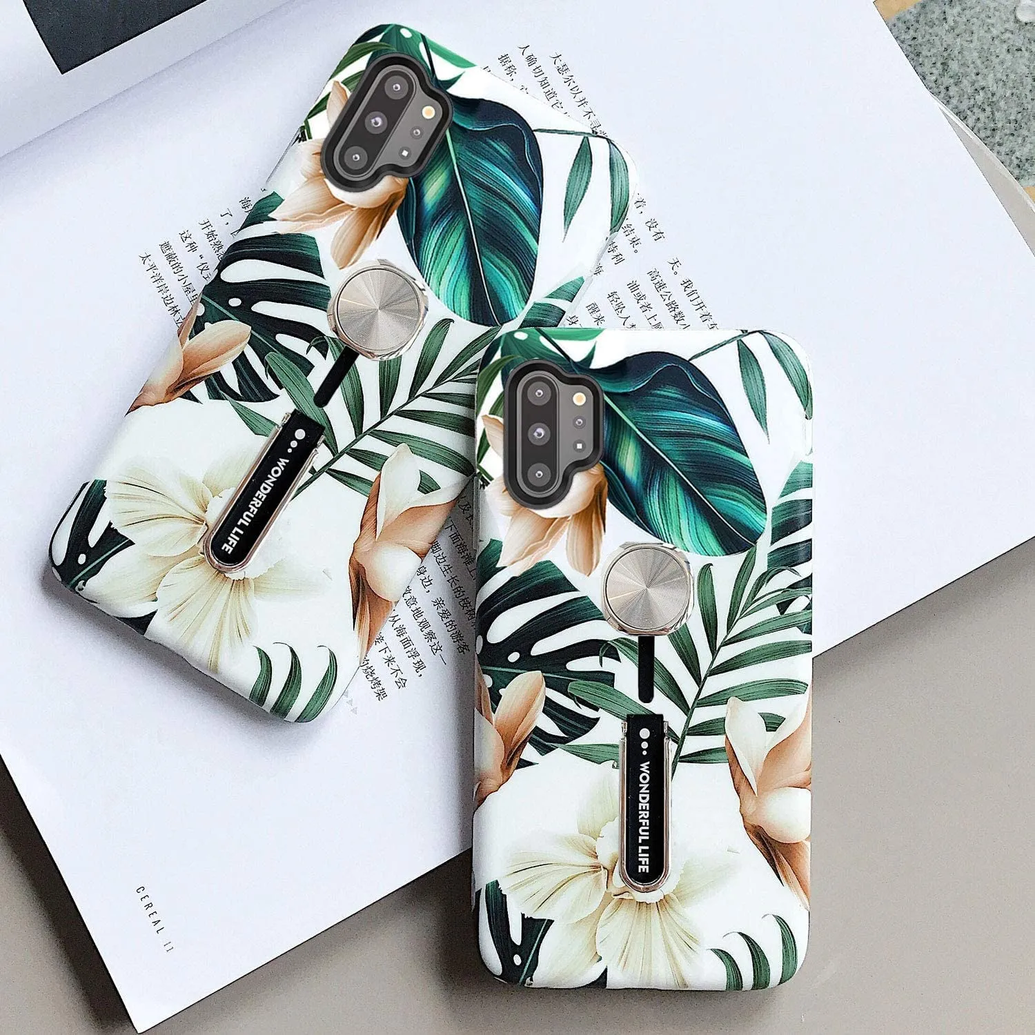 Galaxy Note 10 Plus Case Print Green Leaves Finger Ring Strap Cover