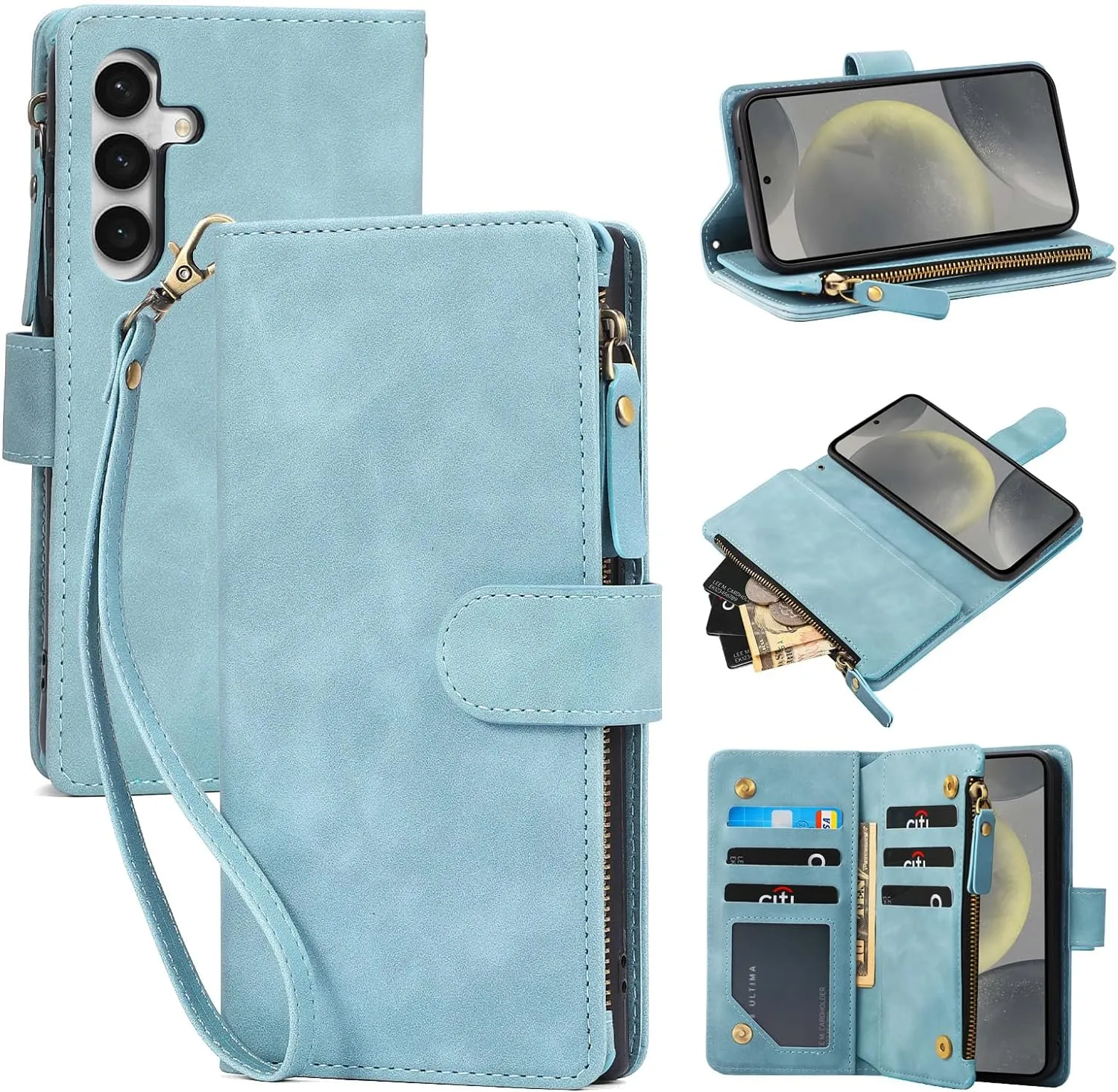 Galaxy S24 5G Wallet Premium PU Leather Zipper Folio RFID Blocking Protective Case