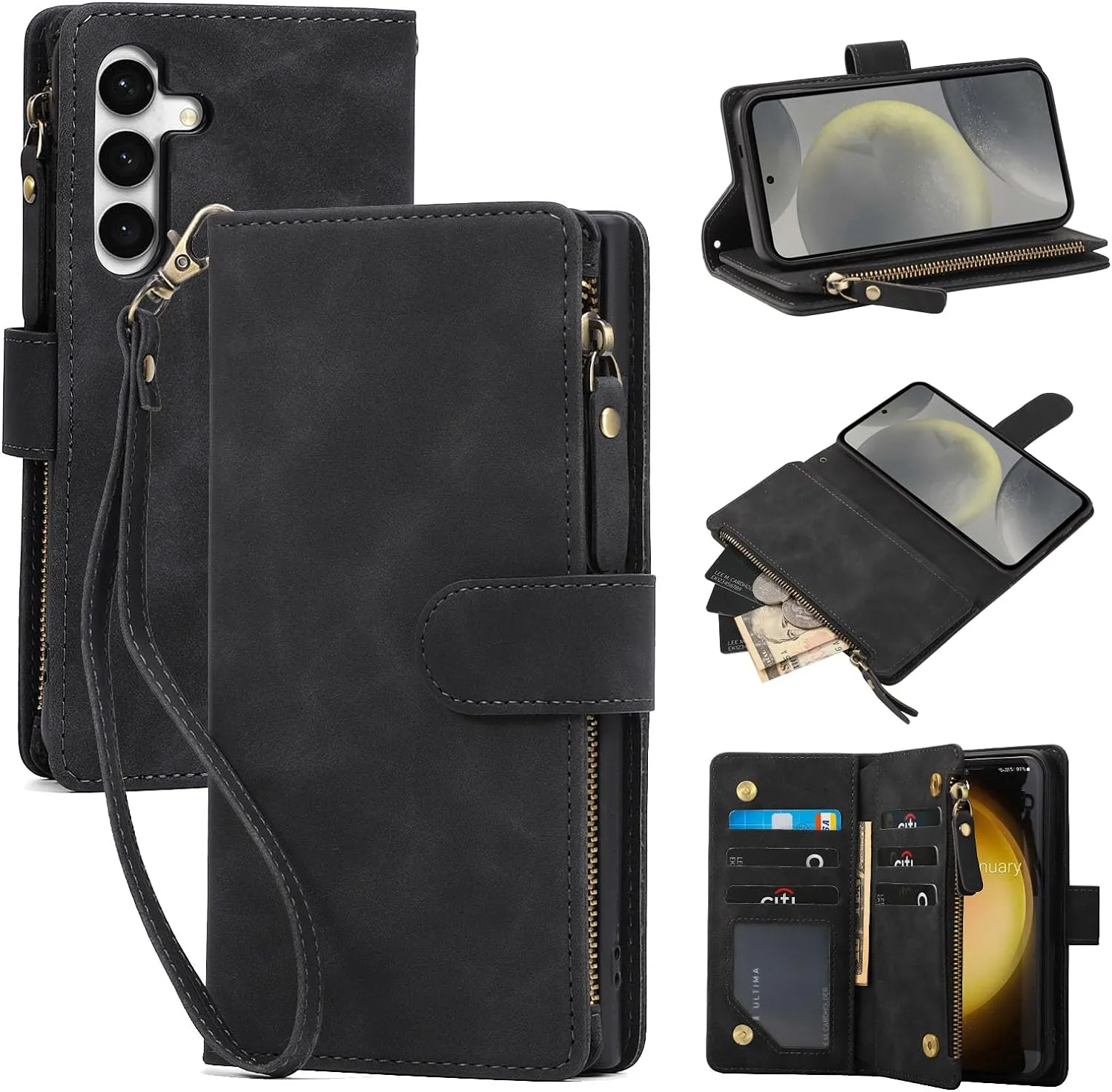 Galaxy S24 5G Wallet Premium PU Leather Zipper Folio RFID Blocking Protective Case