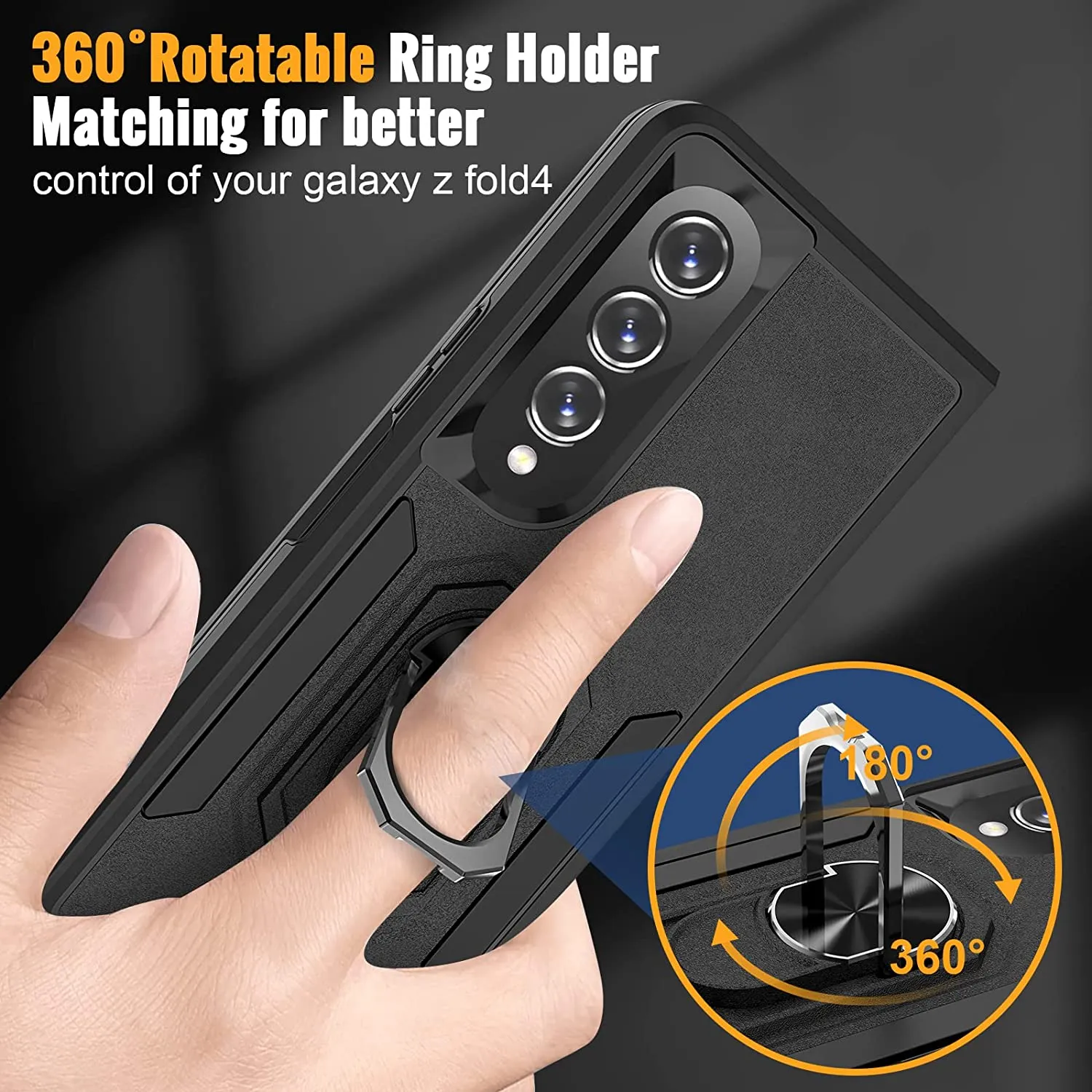 Galaxy Z Fold 4 Case 360˚Rotatable Ring Kickstand Samsung Fold 4 5G Black