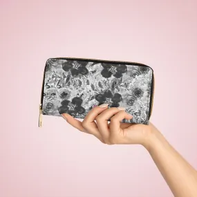 Grey Floral Print Zipper Wallet, Floral Elegant Long Compact Designer Premium Quality Women's Wallet