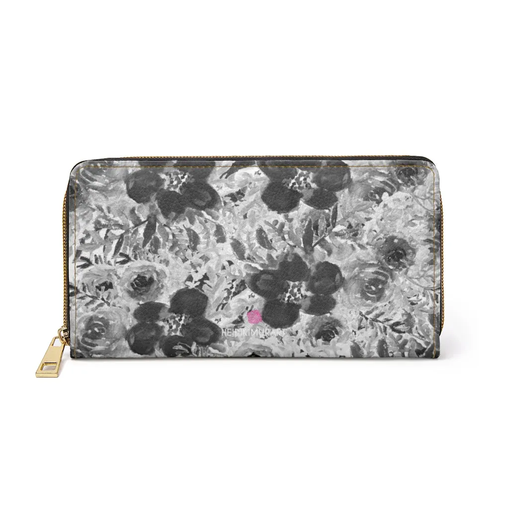 Grey Floral Print Zipper Wallet, Floral Elegant Long Compact Designer Premium Quality Women's Wallet