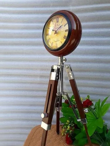 Handmade Wooden Table Clock with Adjustable Tripod Stand Heavy Quality (Brown), Tripod 5 inch Clock for Office & Home Decor