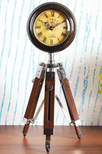 Handmade Wooden Table Clock with Adjustable Tripod Stand Heavy Quality (Brown), Tripod 5 inch Clock for Office & Home Decor