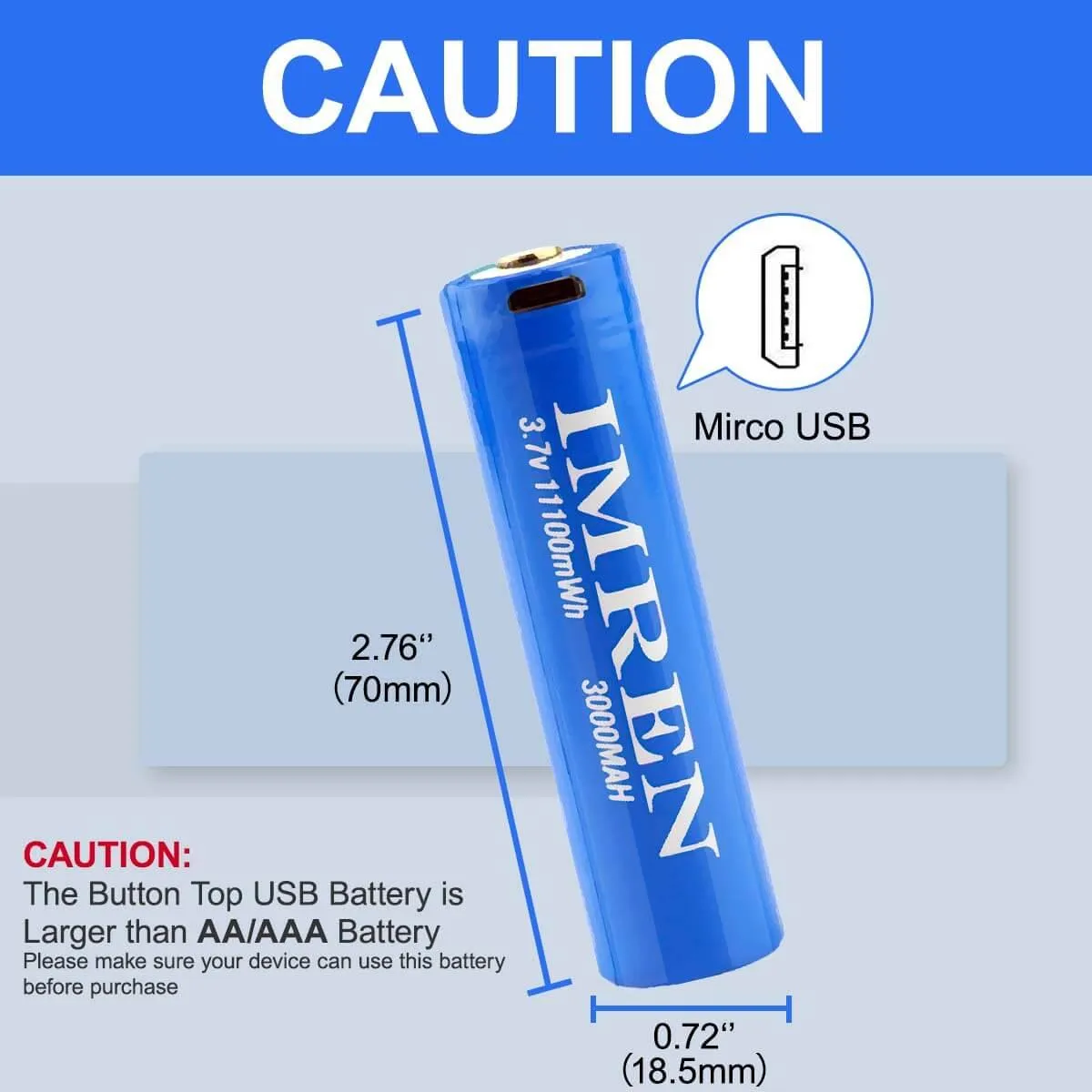 IMREN 18650 3.7V 3000mAh Rechargeable Lithium Battery with Micro-USB Port